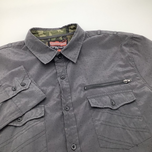 No Retreat Mens Long Sleeve Button Up‎ Shirt Black Front Zipper Pockets Sz XL.